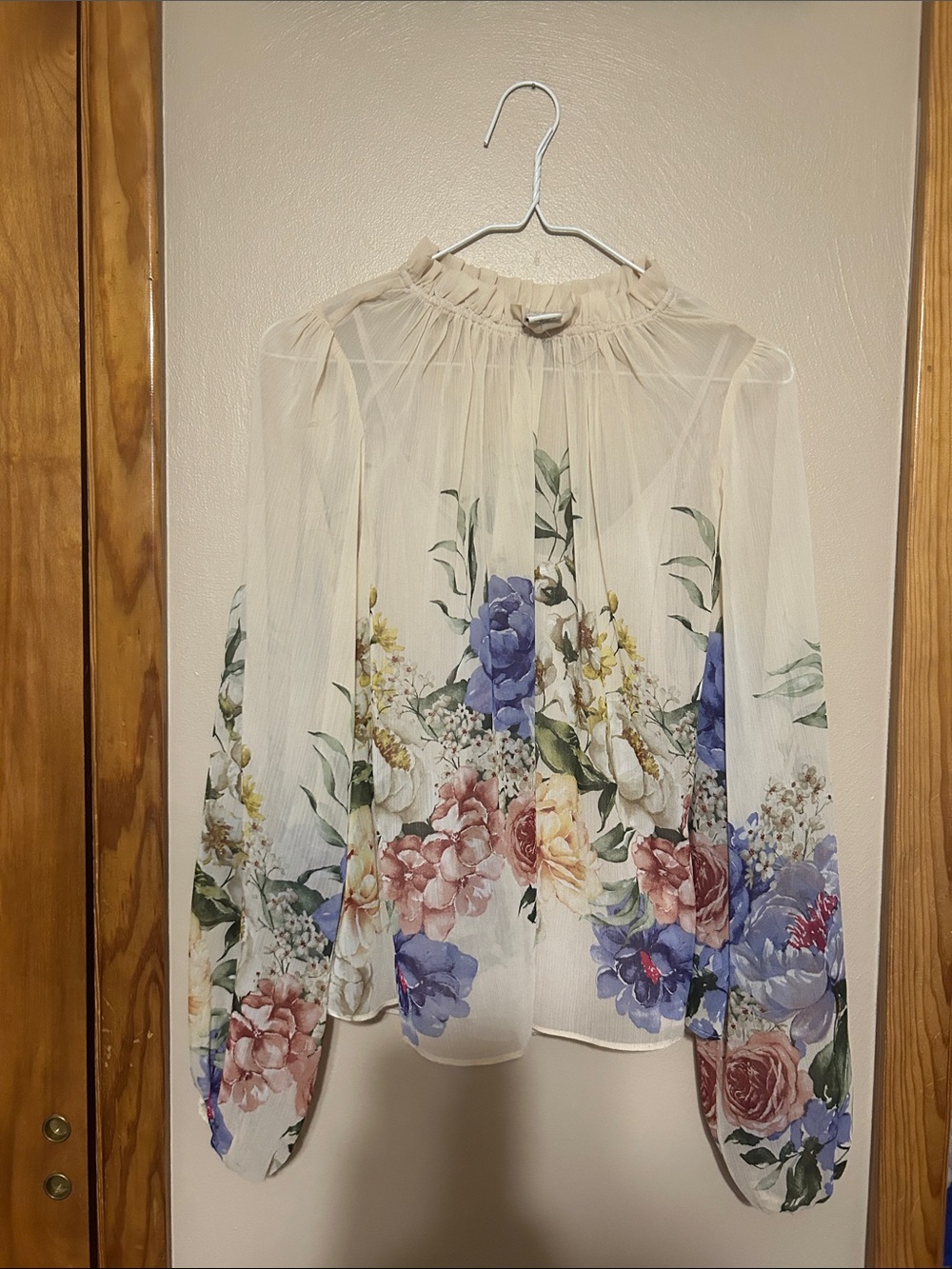 Rachel Zoe Cream Sheer Floral Blouse with Multi-Color Blooms
